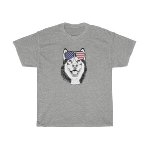 Husky Sunglasses Patriotic American Flag Unisex Heavy Cotton Tee - 4th July Independence Day