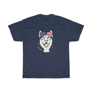 Husky Sunglasses Patriotic American Flag Unisex Heavy Cotton Tee - 4th July Independence Day