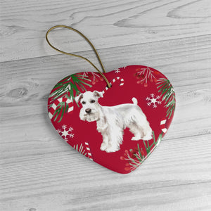 White Miniature Schnauzer Ceramic Ornaments - Red Background
