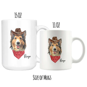 Custom Dog Mug - Cowboy Style with Hat and Bandanna  - Put Your own Dog