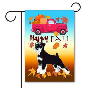 HAPPY FALL Garden Flag - Black & Silver Schnauzer Red Truck Pumpkin Colorful Leaves