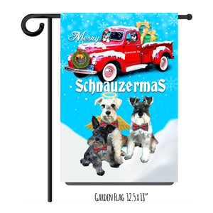 Custom Garden or House Wall Flag - Red Truck Merry Schnauzermas - To Feature Your Own Pets