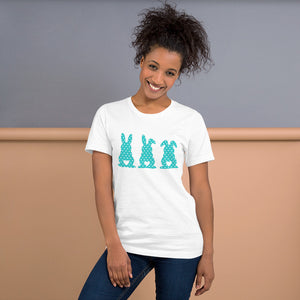 Three Easter Bunnies with Heart-shaped Tails on Blue Polkadots Short-Sleeve Unisex T-Shirt
