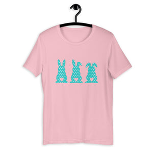 Three Easter Bunnies with Heart-shaped Tails on Blue Polkadots Short-Sleeve Unisex T-Shirt