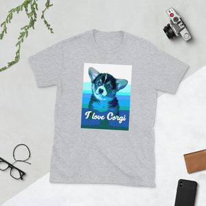 I love Corgi - Blue Stripes Design - Short-Sleeve Unisex T-Shirt