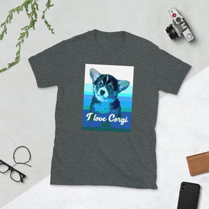 I love Corgi - Blue Stripes Design - Short-Sleeve Unisex T-Shirt